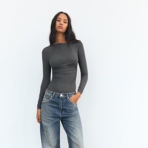 NEW Zara Ruched Asymmetric Bodysuit in Dark Anthracite Grey - Medium